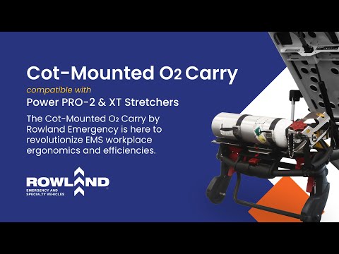 Overview of Rowland Emergency's cot-mounted oxygen tank carry system for accessible oxygen storage during patient transport.